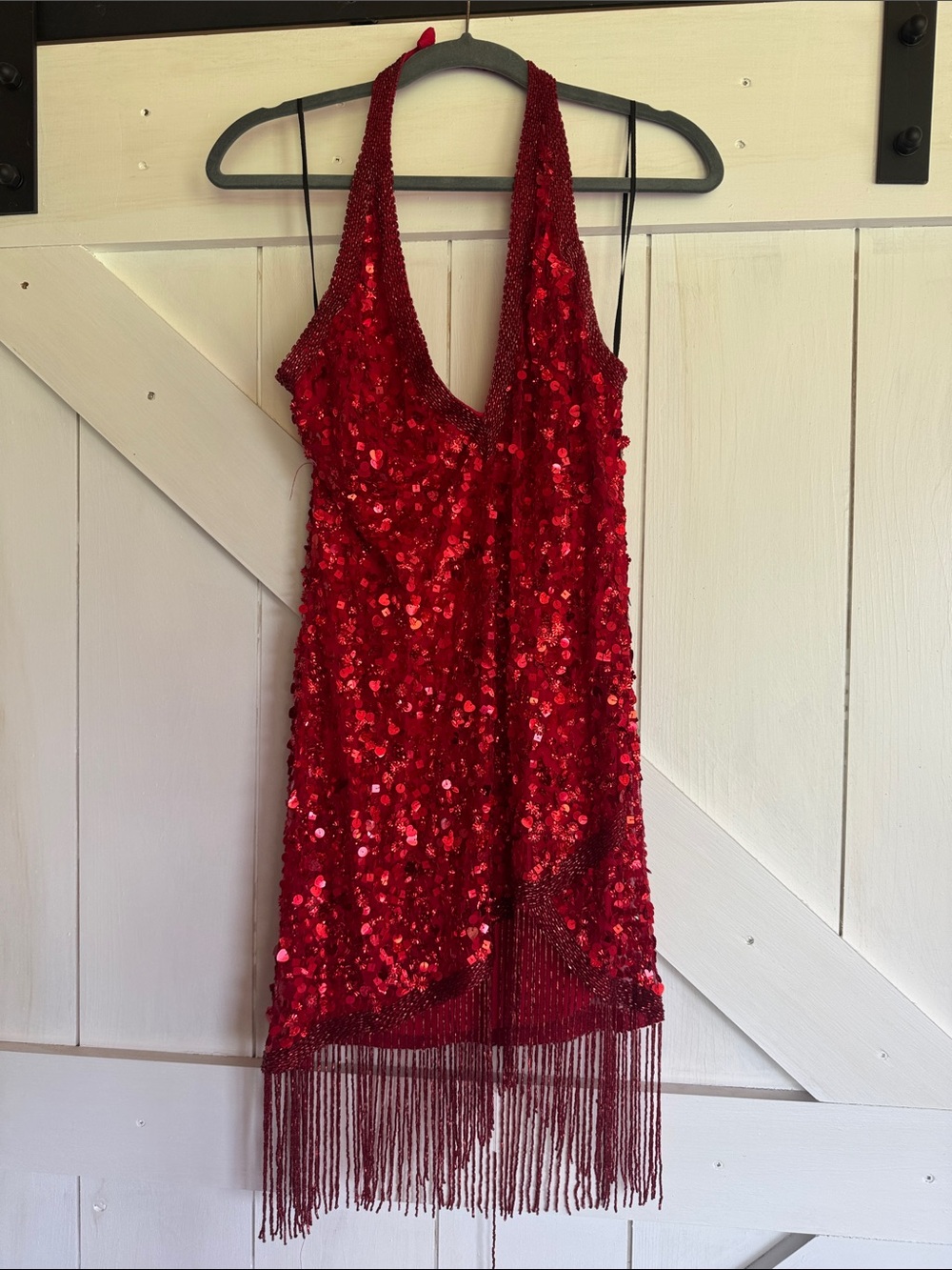 NBD Red Sequin Fringe Halter Mini Dress